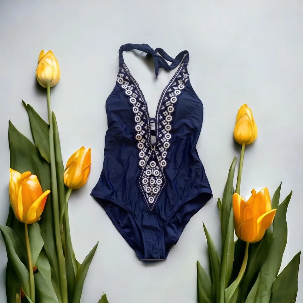 One Piece Navy‎ Blue Plunge Front Embroidered Low Back Halter Swimsuit Size M